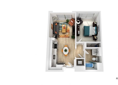 Floor plan for 1 bed, 1 bath, 685 sqft